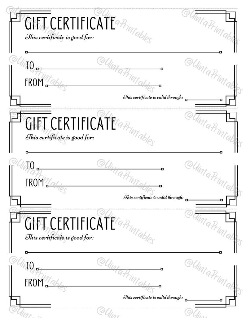 Printable Gift Certificate Black Ink 3 Certificates per 8.5x11 or A4