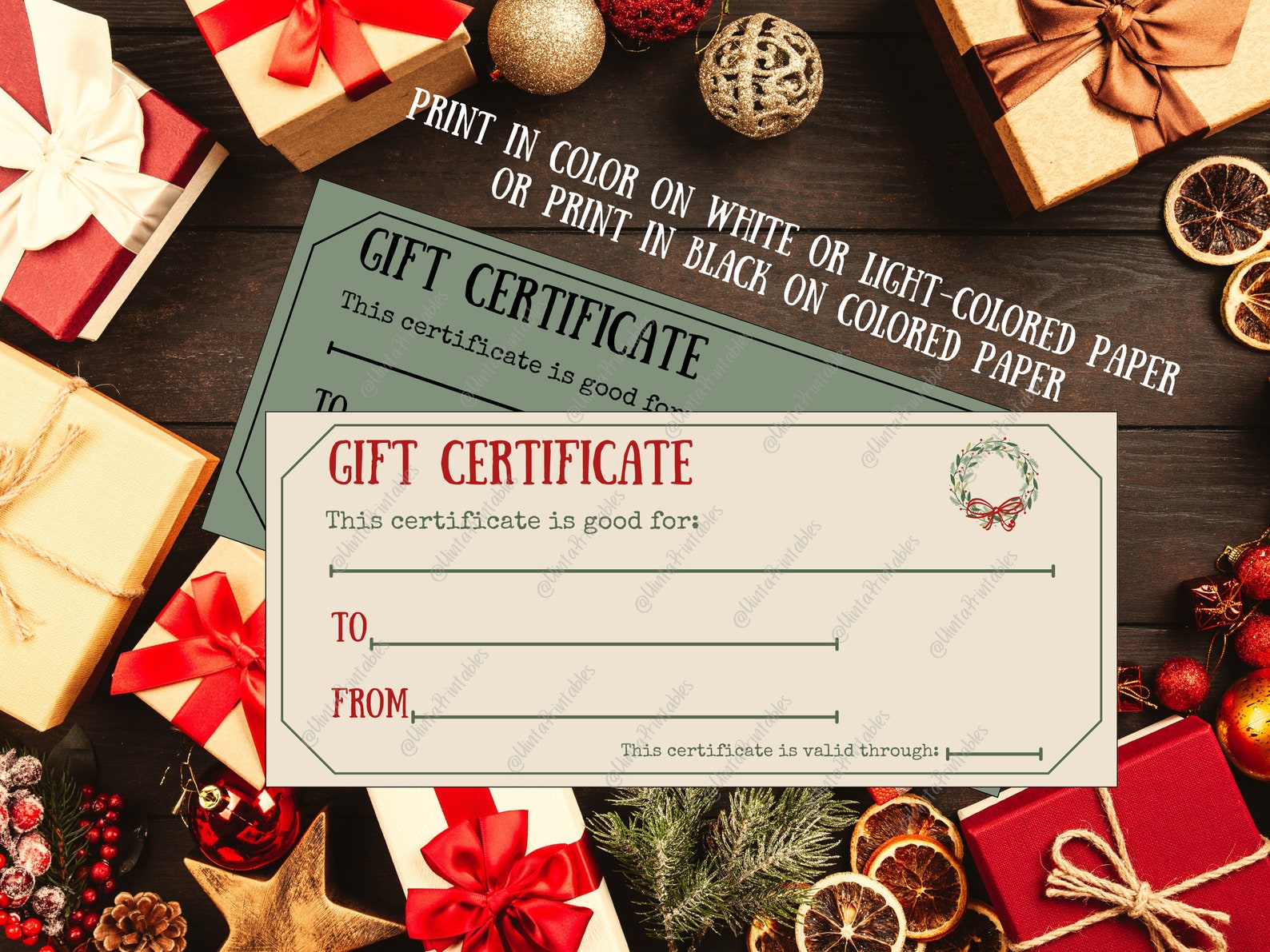 Printable Christmas Gift Certificate 3 Certificates per 8.5x11 or A4