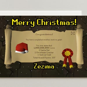 Può includere: Un biglietto di Natale digitale con un design festivo. La carta presenta il testo "Merry Christmas!" in carattere pixelato giallo. Include un cappello da Babbo Natale e un nastro rosso e oro. La carta ha anche il nome "Zezima".