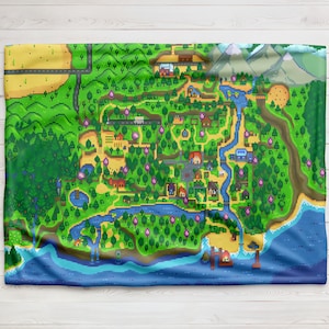 Manta de terciopelo con el mapa de Stardew Valley, acogedora manta para videojuegos, regalo de simulación agrícola estilo cottagecore para gamers, decoración del hogar con diseño pixel art.