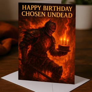 Biglietto di auguri di buon compleanno Dark Souls 5 x 7, biglietto d'auguri Soulslike, biglietto regalo Fantasy Fire Knight, cartolina con messaggio di auguri di compleanno Chosen Undead