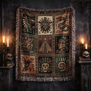 Peut inclure: Un plaid tissé présentant une grille de neuf panneaux distincts avec des illustrations d'un soleil, d'un serpent, d'un jaguar, d'une pyramide, d'une personne coiffée, d'un colibri, d'un crâne et des motifs géométriques en brun, vert et noir.
