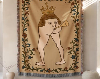 Manta tejida medieval divertida, tapiz de heraldo real con flatulencias hilarantes, manta artística de rey peculiar, decoración con temática histórica extraña, regalo de humor único
