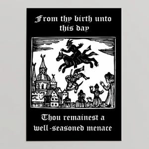 Middeleeuwse houtsnede verjaardagskaart, grappige donkere gotische lasterhumor, heks duivel vintage occulte kunstdruk, 5 x 7 inch wensen verjaardagscadeau