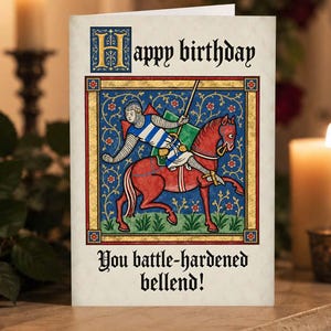 May include: A rectangular greeting card featuring a medieval-style illustration of a knight on a red horse. The text reads Happy birthday at the top and You battle-hardened bellend! at the bottom, set against a cream-coloured background.