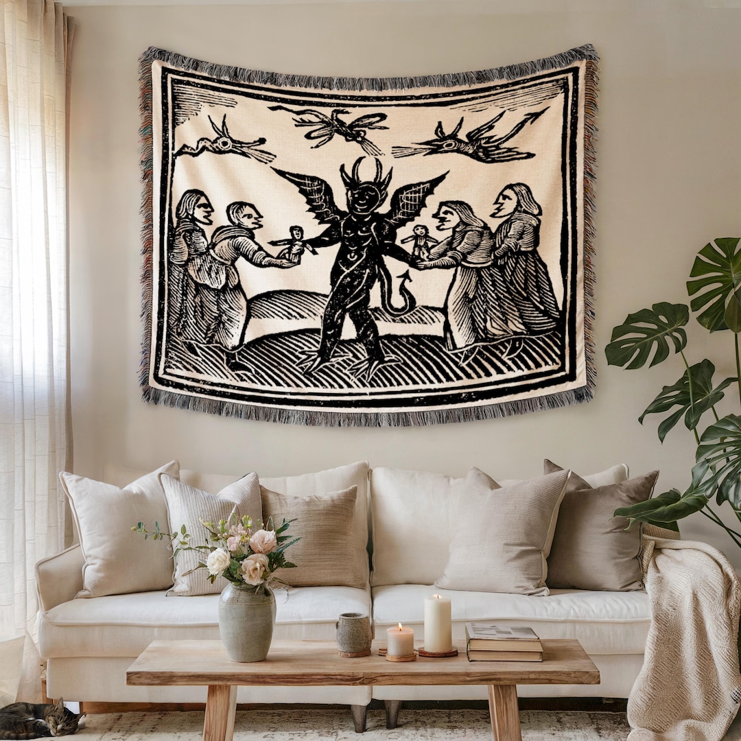 Witches Presenting Wax Dolls to the Devil Woven Blanket, 1720 Occult ...