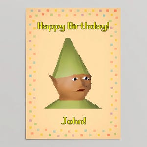 Cartão de aniversário infantil personalizado com nome do gnomo Runescape, cartão postal de saudação OSRS 5x7 personalizado, desejo de celebração de meme da velha escola para ele ou ela
