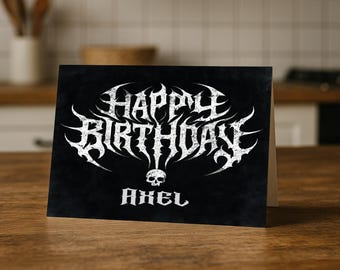 Tarjeta de cumpleaños de heavy metal, saludo personalizado de calavera de rock, nota de regalo de death metal con nombre personalizado de 5x7, deseos de cumpleaños góticos para él o ella