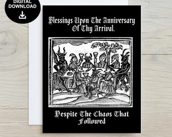 Tarjeta de cumpleaños medieval con grabado en madera imprimible, descarga digital, divertida felicitación gótica de brujería con sobre, regalo de humor negro de 5x7 pulgadas.
