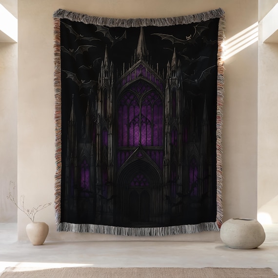 Gothic Cathedral Woven Blanket, Dark Fantasy Bat Art Throw, Gothic Home Decor, Purple Stained Glass Tapestry, Unique Witchy Comforter Gift