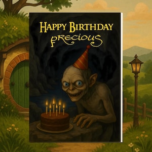 May include: Birthday card with Gollum from Lord of the Rings, wearing a party hat, looking at a chocolate cake with candles. The card reads "Happy Birthday Precious" in gold lettering, set against a dark cave background.