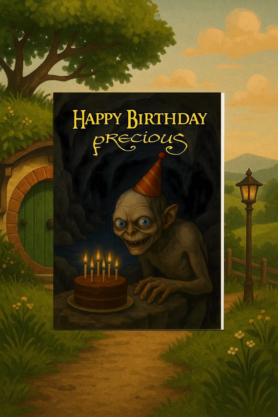 Funny Gollum Happy Birthday Precious Card, The Hobbit Cave Scene 5x7 Greeting Gift Postcard, Lord of the Rings (LOTR) Movie Style Wishes