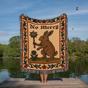 Medieval Rabbit Woven Blanket, Funny Tapestry Style Throw, No Mercy Bunny Art, Quirky Magical Bookish Home Decor, Unique Weird Gift
