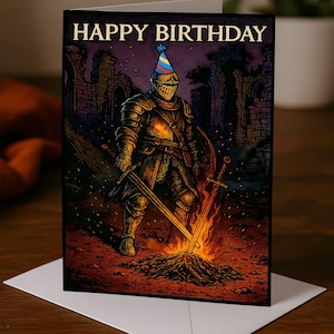 Biglietto di auguri di compleanno a tema Dark Souls, biglietto di auguri nostalgico con falò 5x7, messaggio di auguri di compleanno per giocatori di giochi di ruolo medievali, biglietto di auguri Soulsborne per lui o per lei