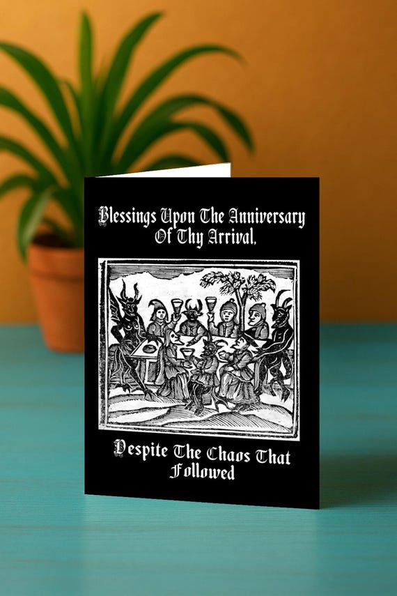 Medieval Woodcut Birthday Card, Funny Gothic Witchy Feast Greeting, 5x7 Dark Humour Vintage Occult Style Anniversary Note for Him or Her