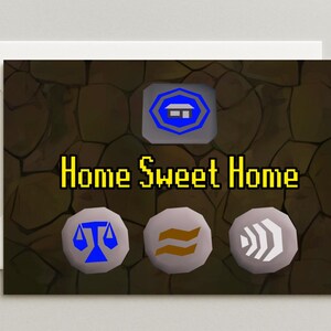 May include: Greeting card with the text "Home Sweet Home" in yellow pixelated font. The card features a background of brown stone textures and three circular icons with blue and white designs. A white envelope is on the left.