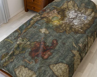 May include: A twin-sized bedspread featuring a detailed map design in shades of brown, green, and blue. The map depicts landmasses and bodies of water, creating a vintage aesthetic. The bedspread is placed on a wooden bed frame.