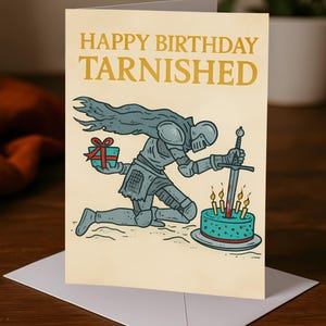 Tarjeta de cumpleaños deslustrada, tarjeta de felicitación inspirada en Elden Ring de 5x7, mensaje divertido de cumpleaños para gamer, nota de regalo, postal para él o ella