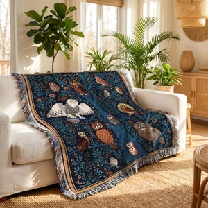 Woven Cotton Owl Forest Blanket, Mystical Woodland Tapestry, Nocturnal Bird Sofa Throw, Teal Botanical Wall Hanging, Vintage Home Decor