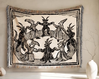Manta tejida "Brujas bailando con demonios", xilografía ocultista de 1720, decoración gótica de brujería, tapiz de la Academia Oscura, regalo de arte antiguo