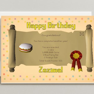 Custom OSRS Quest Scroll Birthday Card, 5x7 RuneScape Greeting Message, Personalised Old School Rune Scape Achievement Celebration Postcard