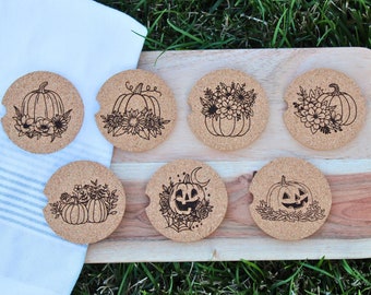 Floral Pumpkin Car Coaster, Cork Coaster Set, Cup Holder Coasters, Cute Halloween Decor, Spooky Car Accessories, Fall Car Decor, Pumpkin Car