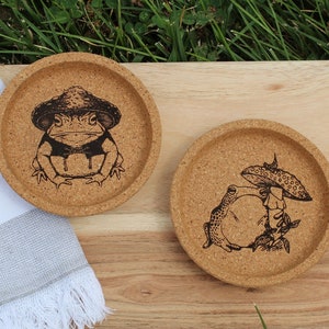 Frog and Toad Cork Coaster Set, Cottagecore Decor, Frog Coasters, Mushroom Decor image 1