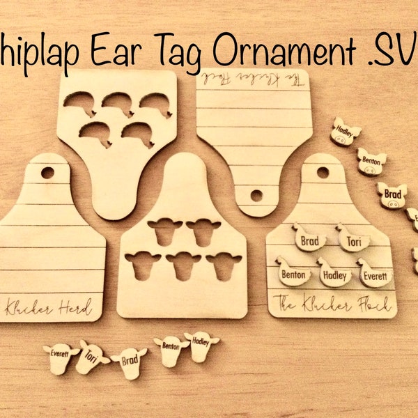 Farmhouse Ornament SVG, Cow Ear Tag, Shiplap Ornament, Family Gift, Glowforge File, Pig, Chicken, Cow