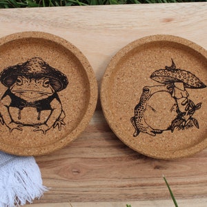 Frog and Toad Cork Coaster Set, Cottagecore Decor, Frog Coasters, Mushroom Decor image 2