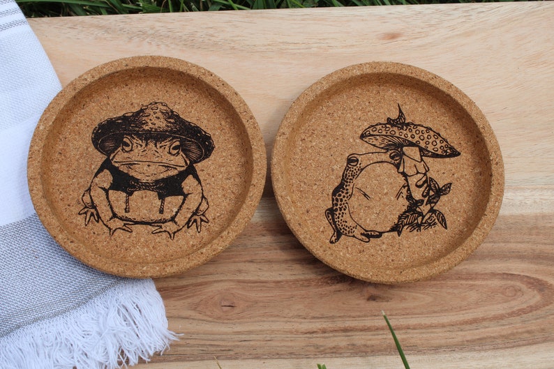 Frog and Toad Cork Coaster Set, Cottagecore Decor, Frog Coasters, Mushroom Decor image 2