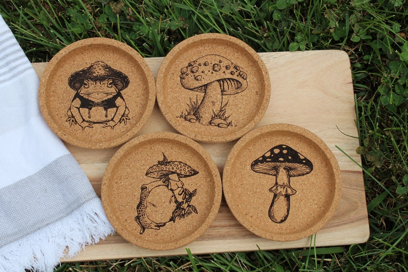 Frog and Toad Cork Coaster Set, Cottagecore Decor, Frog Coasters, Mushroom Decor image 6