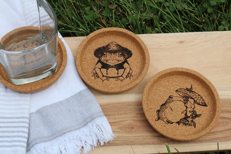 Frog and Toad Cork Coaster Set, Cottagecore Decor, Frog Coasters, Mushroom Decor image 5