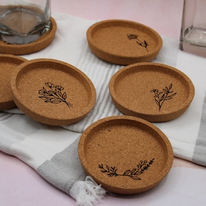 Wildflower Coasters, Minimal Floral Art, Cork Coaster Set, Minimal Flower Art Gift