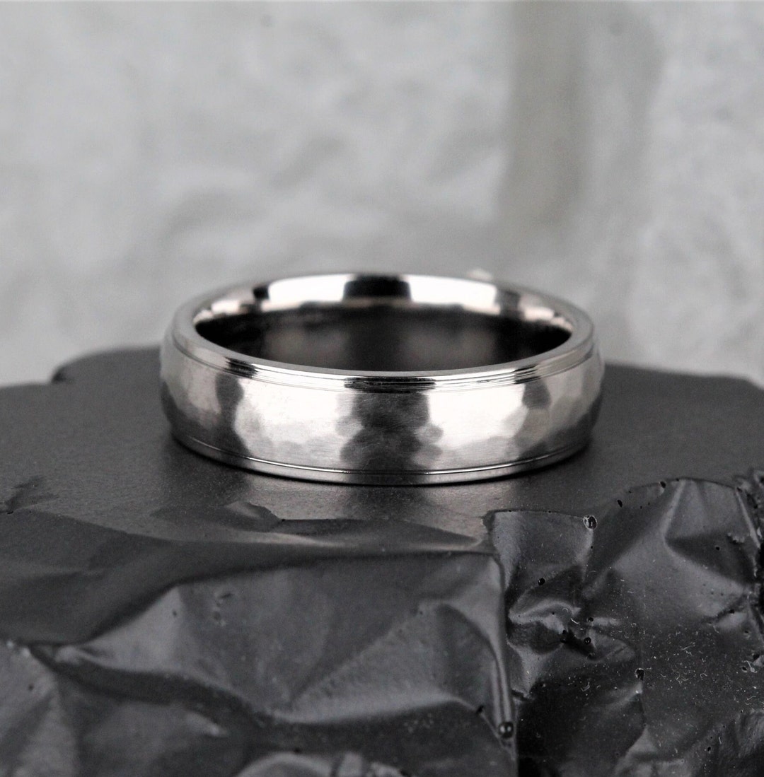 Titanium Hammered With Stepped Edge Wedding Ring, Comfort Fit Matt Finish Centre 5 to 8mm Widths