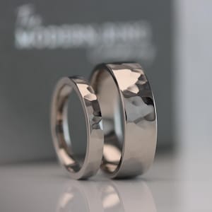 Titanium Wedding Ring Set: Hammered Flat Court, Polished Finish and comfort fit Available in widths from 3mm to 10mm
