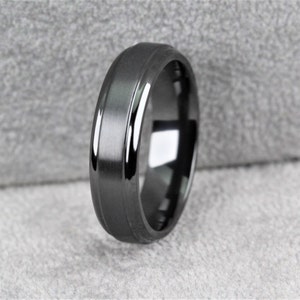 Black Zirconium Wedding Ring Band, Stepped Edge, Comfort fit, Polished Edges /Matt centre - FREE resizing - 6mm Wide - Free Inside Engraving