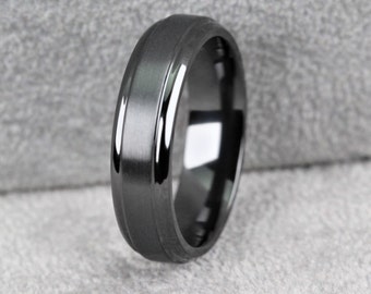 Black Zirconium comfort fit wedding ring band, 2 engraved channels, Polished edges with Matt centre. 6mm Wide Free Inside Engraving