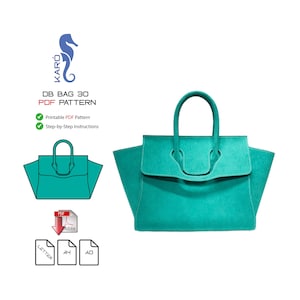 May include: A teal handbag with a structured flap and two top handles. The image includes text reading KARO, DB BAG 30, PDF PATTERN, Printable PDF Pattern, Step-by-Step Instructions, and icons for Letter, A4, and A0 paper sizes with a PDF download icon.