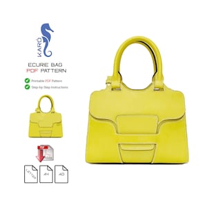 May include: A bright yellow handbag with a structured design, top handles, and a flap closure. The image includes text reading KARO, ECURIE BAG, PDF PATTERN, Printable PDF Pattern, Step-by-Step Instructions, and icons for Letter, A4, and A0 paper sizes.