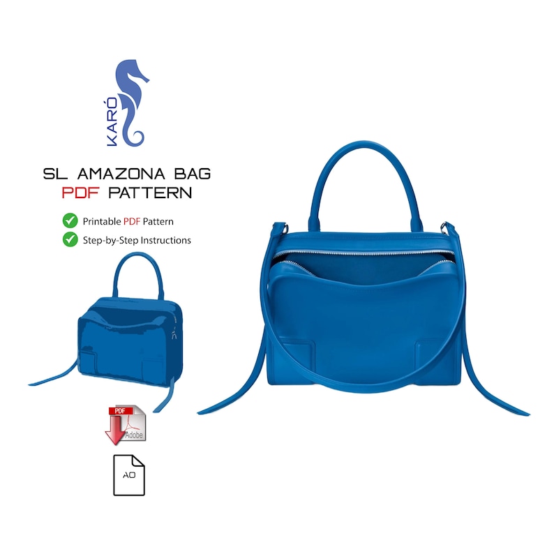 Pode incluir: Uma vibrante bolsa SL Amazona azul com uma al&ccedil;a superior e uma al&ccedil;a de ombro remov&iacute;vel. A bolsa tem um fecho superior com z&iacute;per e uma pequena ilustra&ccedil;&atilde;o da bolsa. A imagem tamb&eacute;m inclui o texto "SL AMAZONA BAG PDF PATTERN".