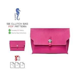 May include: A vibrant pink clutch bag with a textured finish and a silver clasp. The image includes a smaller version of the bag and text stating "SB Clutch Bag PDF Pattern" with details about printable PDF instructions.