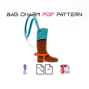 May include: A brown and turquoise leather bag charm in the shape of a cowboy boot with an orange spur. The charm has a turquoise loop and the text "BAG CHARM PDF PATTERN". Includes PDF and paper size icons.