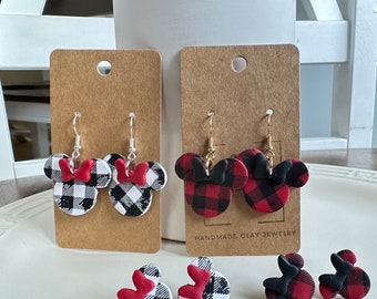 Buffalo Plaid Mickey Minnie Mouse Christmas Holiday Festive Winter Disney Handmade Polymer Clay Earrings