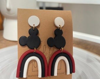 Mickey Disney Rainbow Black Red and White Large Fishhook Dangle Handmade Polymer Clay Earrings