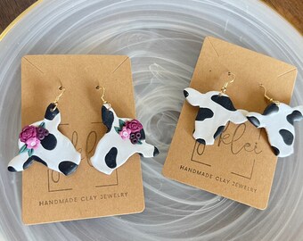 Farm Cow Black and White Floral Autumn Handmade Polymer Clay Earrings