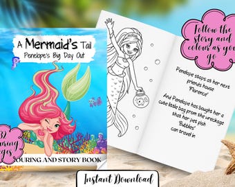 May include: A Mermaid's Tail coloring and story book. The cover features a cartoon mermaid with pink hair and a green tail. The book is open to reveal a black and white illustration of the mermaid. Text includes "32 Colouring Pages" and "Instant Download."