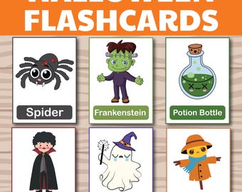 20 tarjetas didácticas kawaii de Halloween para niños, lindas tarjetas de vocabulario, aprendizaje de ESL y preescolar imprimibles, descarga de PDF educativo espeluznante.