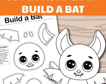 Manualidad de Halloween para niños: construye un murciélago, plantilla imprimible, actividad espeluznante de recortar y pegar, páginas para colorear de Halloween, descarga digital