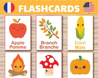 Tarjetas de vocabulario de otoño imprimibles, 20 tarjetas de vocabulario de otoño en PDF, aprendizaje bilingüe francés-inglés para niños en edad preescolar y Montessori.