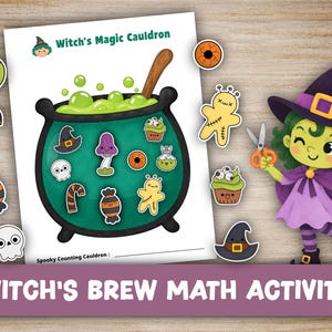 Peut inclure: Une feuille d'activité imprimable intitulée Witch's Magic Cauldron présentant un grand chaudron vert rempli de liquide bouillonnant et divers découpages sur le thème d'Halloween comme des crânes, des bonbons et des cupcakes, avec une sorcière.